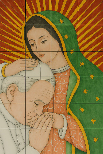 Mexican tile mural our lady Guadalupe with with Pope John Paul II