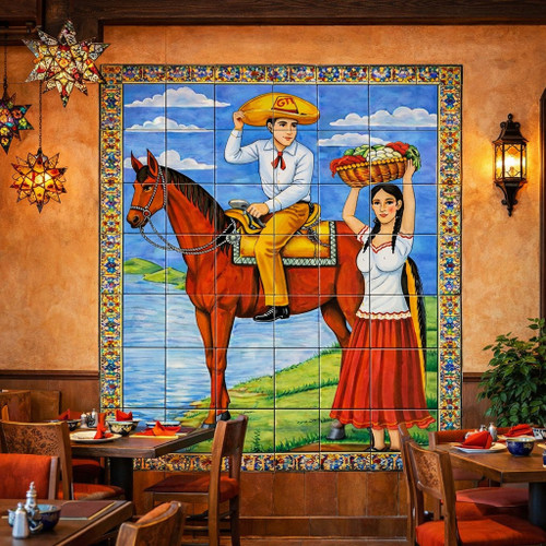 Mexican talavera tile mural charro horse rural scene featured on restaurant wall creating authentic Mexican folk art ambiance
