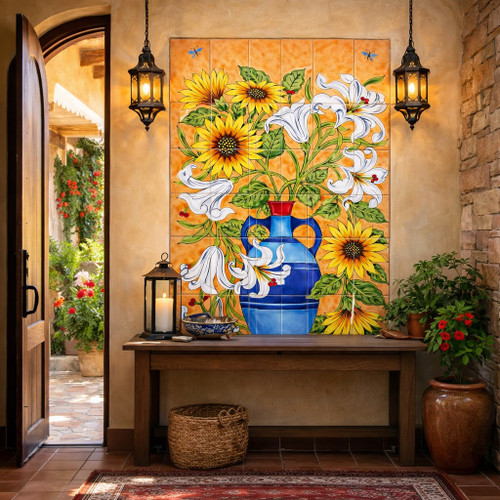 Talavera tile mural sunflower lily vase design in house entryway with natural light and rustic textures