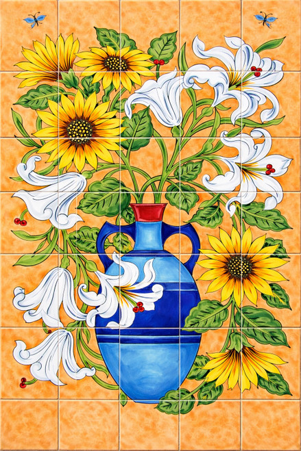 Talavera tile mural sunflower lily vase design