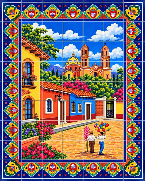 Mexican tile mural colonial town square