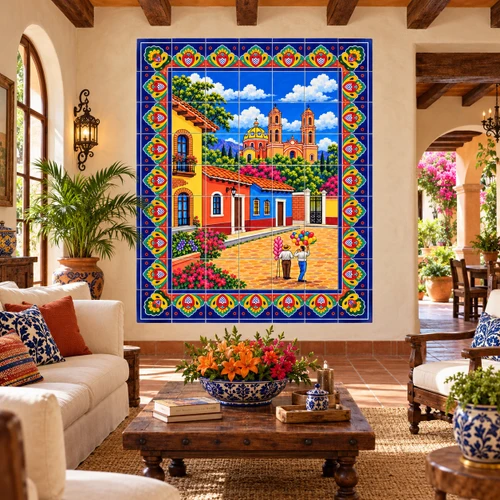 Mexican tile mural colonial town square in a hacienda living room with rustic furnishings.