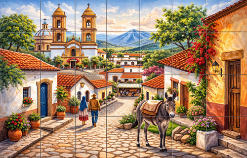 Colorful colonial village tile mural