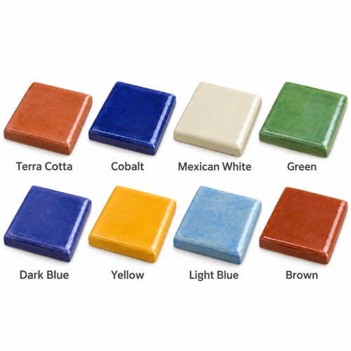 Double bullnose tiles in terra cotta, Mexican white, dark blue, light blue, cobalt, green, yellow, and brown