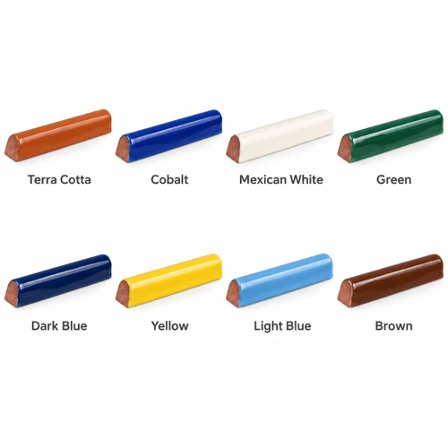 Pencil tile trims in terra cotta, Mexican white, dark blue, light blue, cobalt, green, yellow, and brown
