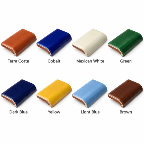 Mud bullnose trims in terra cotta, Mexican white, dark blue, light blue, cobalt, green, yellow, and brown