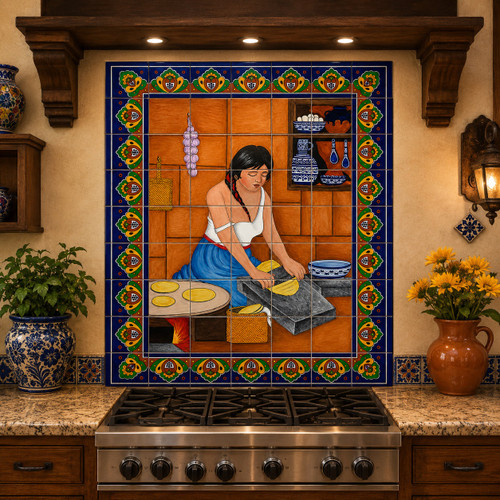 Mexican talavera tile mural kitchen tradition as a colorful backsplash above a traditional stove.