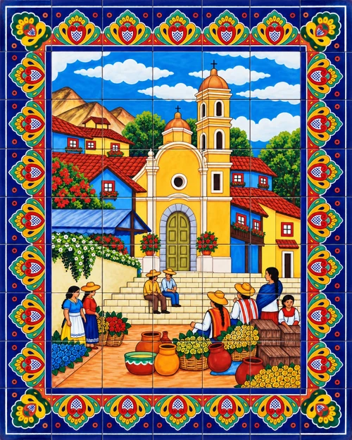 Mexican church market talavera tile mural scene