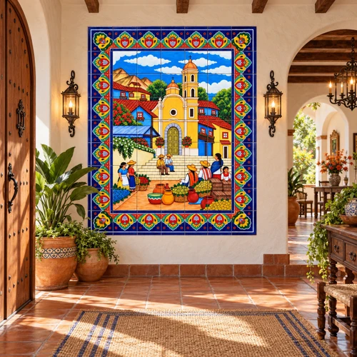Mexican church market talavera tile mural scene in a Spanish colonial entryway.