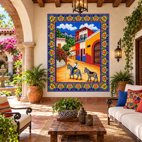 Mexican village donkey talavera tile mural scene displayed in a covered courtyard with greenery.