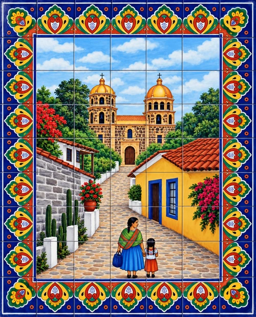 Mexican village church scene talavera tile mural
