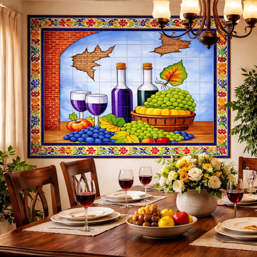 Colorful wine and fruit talavera tile mural design in dining room with Spanish accents