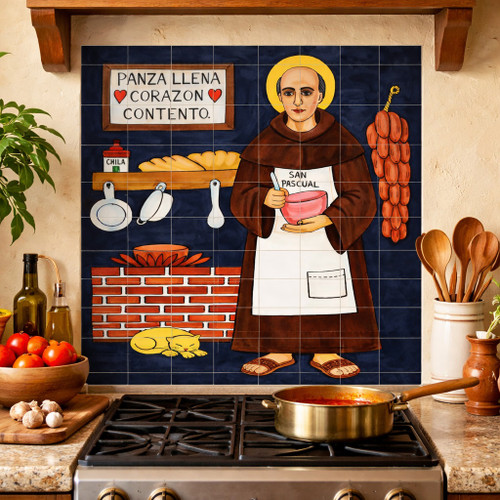 Mexican tile mural San Pascual kitchen scene design in a warm kitchen backsplash with rustic details