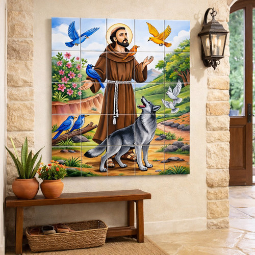San Francisco talavera tile mural with animals scene displayed in entryway adding artistic focal point and character