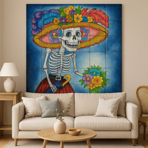 Talavera tile mural la catrina displayed on a rustic living room wall with warm lighting and Mexican décor