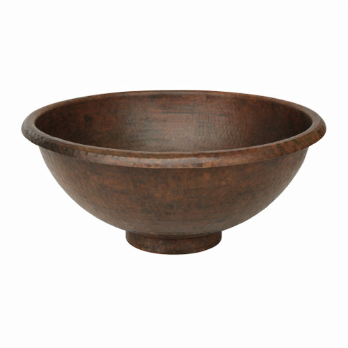 Front view of round copper vessel sink with raised base, wide open bowl, and smooth rolled rim