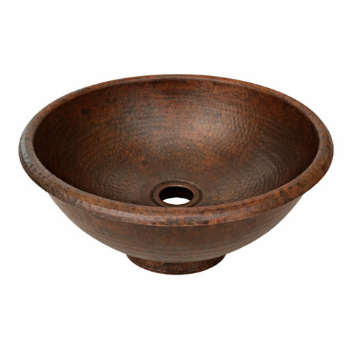Angled view of round copper vessel sink with raised base, wide open bowl