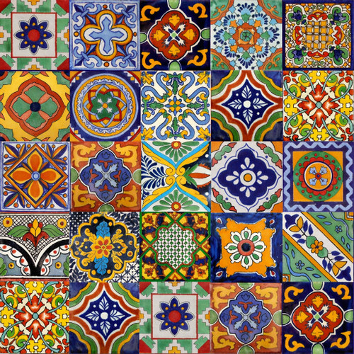 Mexican tile stair risers with colorful patterned Talavera designs, varied motifs lining each step with hand painted detail