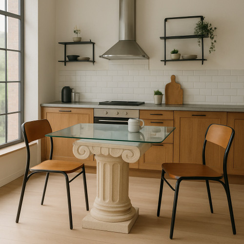 Cantera stone table base with Ionic column in a transitional designed loft eat-in kitchen