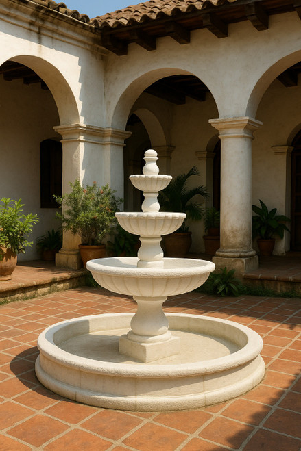 Three Tier Cantera stone fountain from Mexico in a colonial hacienda