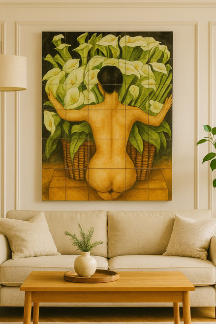 Woman Calla Lilies Mexican tile mural installed as a focal point on a family room wall
