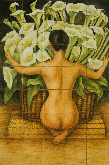 Woman Calla Lilies Mexican tile mural showcasing hand-painted folk symbolism and artisanal ceramic detail