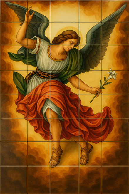 Archangel gabriel talavera tile mural – full mural of archangel gabriel painted on 4x4" talavera tiles in golden cloud backdrop