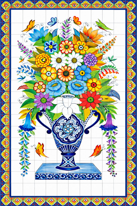 Mexican floral vase talavera tile mural