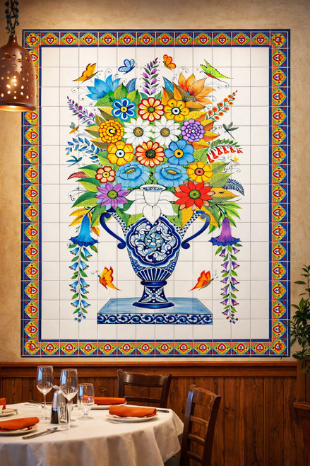 Mexican floral vase talavera tile mural installed in a restaurant feature wall with handcrafted ceramic character