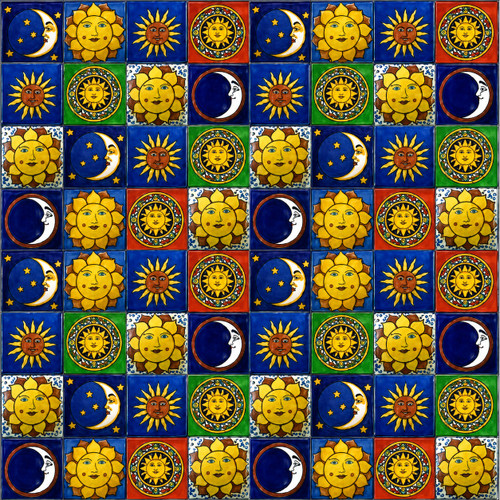 Mexican sun and moon tile mix arranged in a colorful celestial tile set