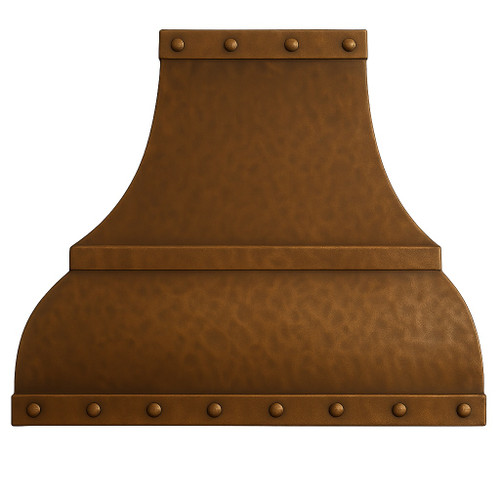 Hammered aged patina copper range hood with riveted straps and flared bell profile on white background