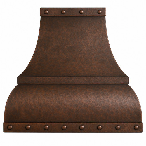 Hammered curved apron copper range hood front view with dark coffee patina and riveted bands on white background