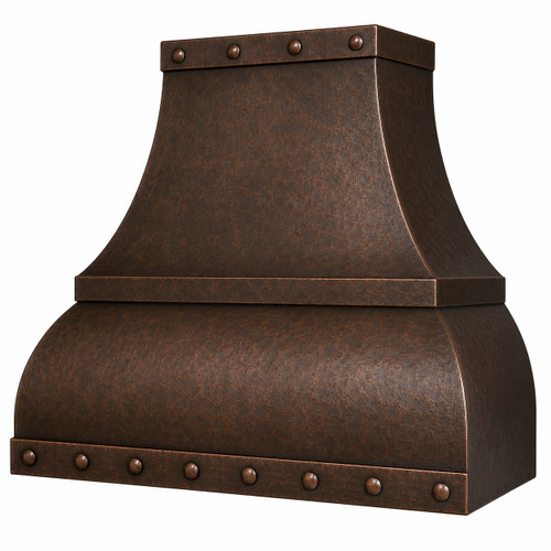 Hammered curved apron copper range hood side view with dark coffee patina, riveted bands, and hammered texture on white background