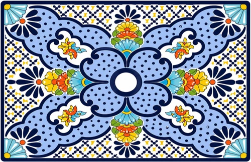 Blue floral talavera vessel rectangular sink above countertop