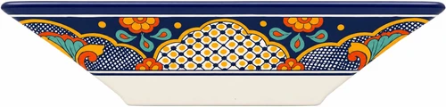 Navy floral talavera vessel rectangular sink above countertop top view