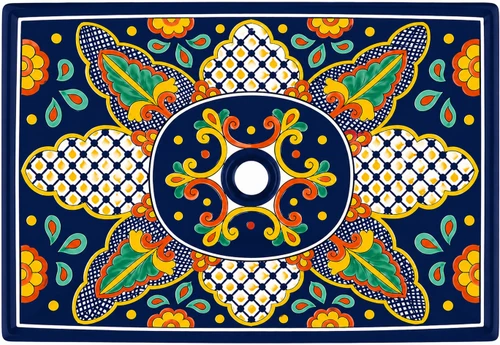 Navy floral talavera vessel rectangular sink above countertop