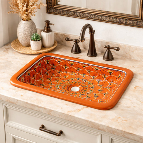 Rectangular talavera bathroom sink terracotta floral design handmade on elegant bathroom vanity with neutral tones