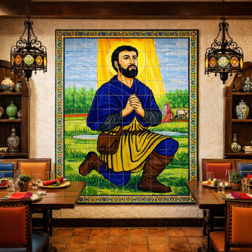 San Isidro labrador talavera tile mural religious art decorative restaurant wall in Mexican style dining space