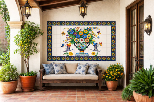 Mexican talavera floral vase tile mural installed in a Spanish Revival house accent wall with classic details