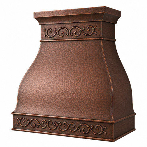 Angled view of hammered copper range hood with scrollwork bands, flared shoulders, and decorative apron