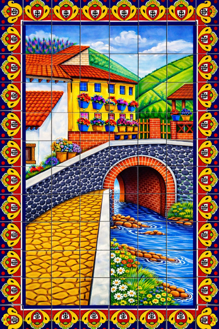 Mexican village bridge tile mural