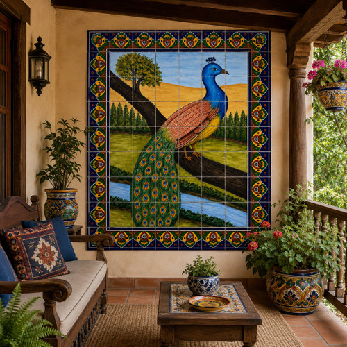 Mexican tile mural - peacock design on a covered porch with rustic seating and clay pottery.