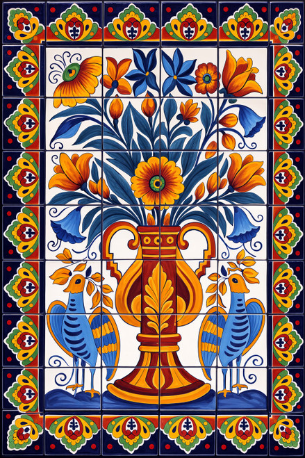 Talavera birds and floral vase mural