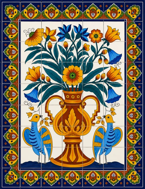 Talavera birds and floral vase mural
