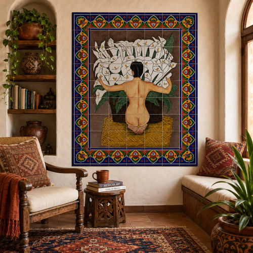 Calla lilies figurative talavera tile mural in a reading nook with soft seating and warm accents.