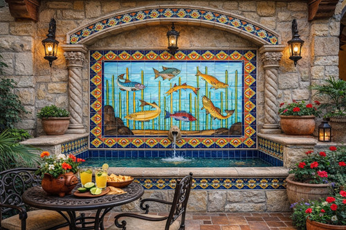 Underwater fish mexican talavera tile mural integrated into Spanish Revival architecture with bold decorative impact