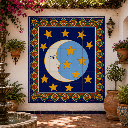 Moon and stars talavera tile mural featured on a courtyard wall with greenery and rustic charm