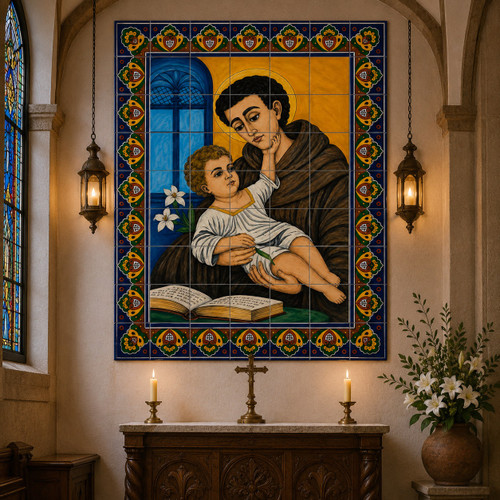 Saint Anthony talavera tile mural displayed on a chapel wall with soft light and stone details.