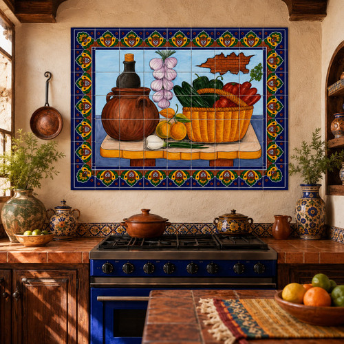 Mexican tile mural kitchen with vegetables above a cooking area with terracotta tile and wood.