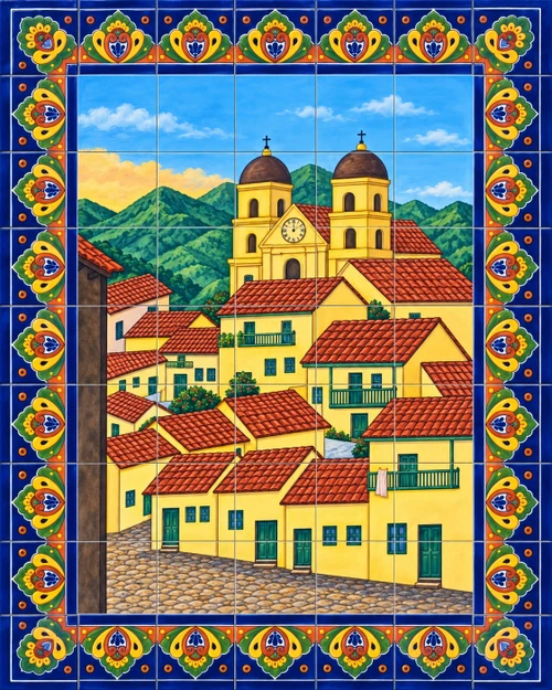 Mexican tile mural with colonial village
